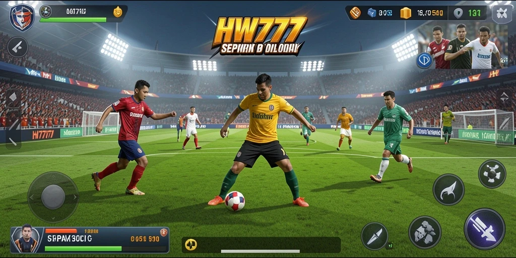 Tangkapan layar HW777 yang menunjukkan aksi seru di lapangan sepak bola.