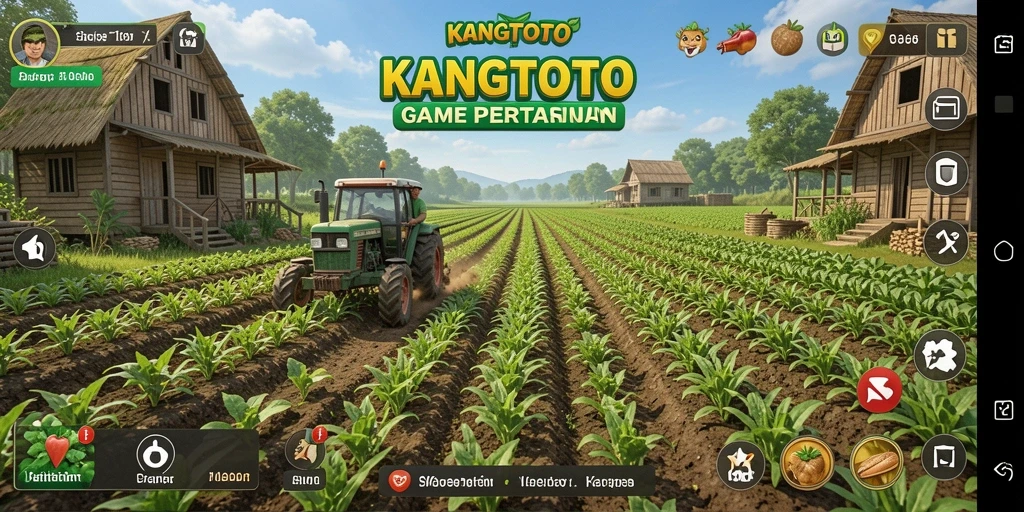 Screenshot gameplay <strong>KANGTOTO</strong> menampilkan kebun yang subur dan aktivitas bertani.