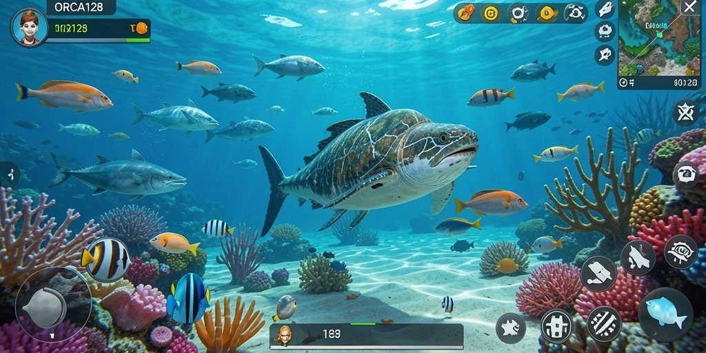 Screenshot gameplay ORCA128 yang menampilkan keindahan ekosistem laut.