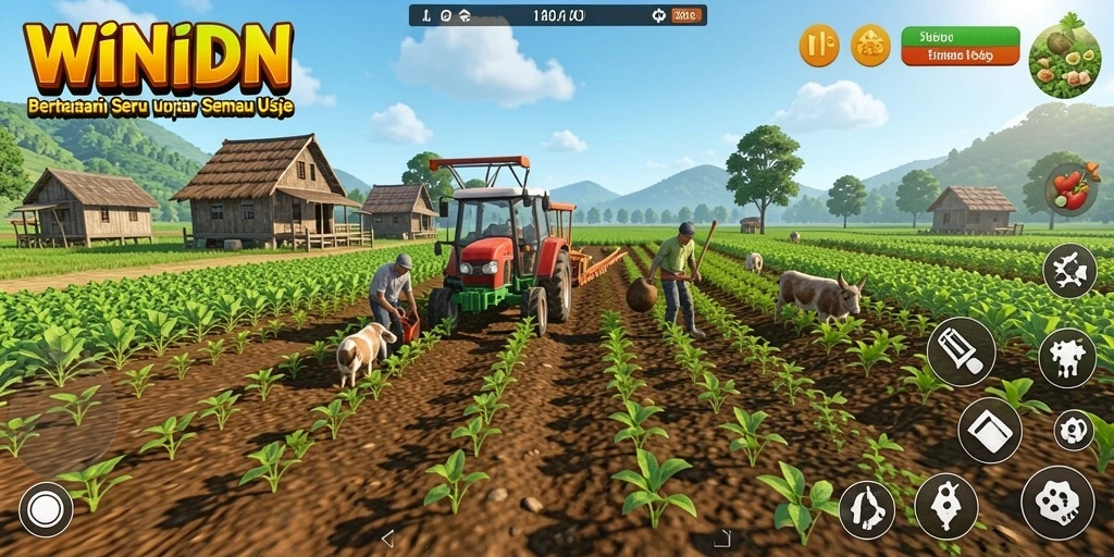 Tangkapan layar gameplay <strong>WINIDN</strong> menunjukkan suasana pertanian yang hidup dan penuh warna.