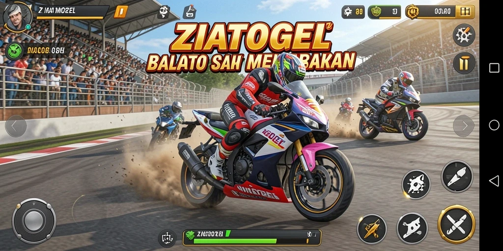Tampilan gameplay ZIATOGEL dengan balapan motor yang cepat.